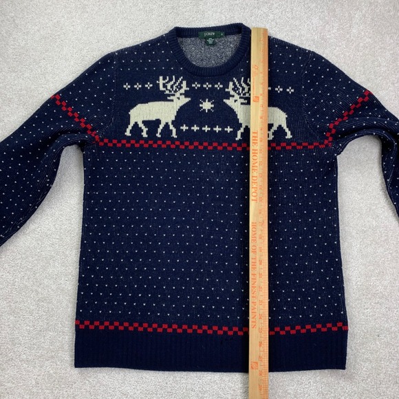 FLAW J.Crew Sweater Mens M Navy Blue Lambswool Reindeer Snowflake Fair Isle - Picture 13 of 14